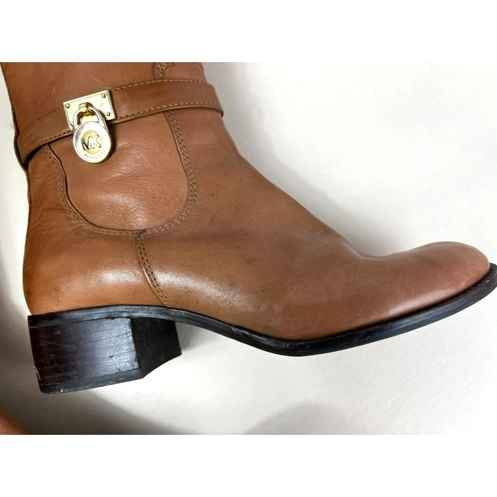 Michael Kors Hamilton Tall riding Boots Caramel Leather Padlock Logo‎ 1/4 Zip, 8